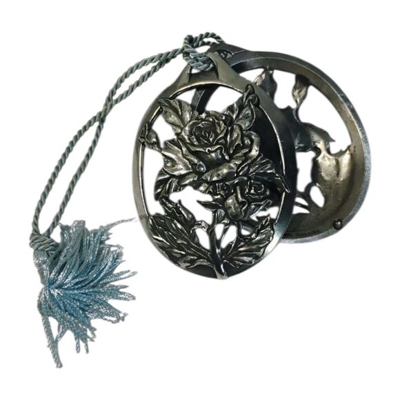 Vtg Seagull Rose Pewter Ornament Hollow Silver Color 3d Locket Blue Faded Ribbon - Picture 13 of 13